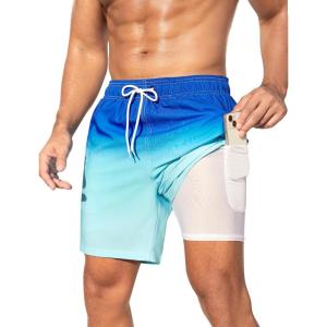 imageSILKWORLD Men Swim Trunks 6 Inch Quick Dry Swimming Shorts 2 in 1 Summer Swimwear Bathing Suits with Zipper PocketsGradient Blue