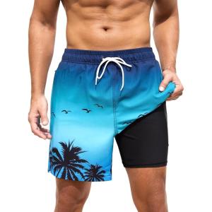 imageSILKWORLD Men Swim Trunks 6 Inch Quick Dry Swimming Shorts 2 in 1 Summer Swimwear Bathing Suits with Zipper PocketsGradient Blueblack Coconut