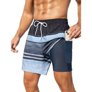 imageSILKWORLD Men Swim Trunks 6 Inch Quick Dry Swimming Shorts 2 in 1 Summer Swimwear Bathing Suits with Zipper PocketsNavy Grey Blue Stripe