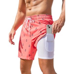 imageSILKWORLD Men Swim Trunks 6 Inch Quick Dry Swimming Shorts 2 in 1 Summer Swimwear Bathing Suits with Zipper PocketsPink Black Anchor