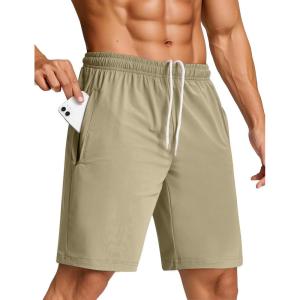 imageSILKWORLD Mens Quick Dry Athletic Running Shorts with Zipper Pockets 7quot Stretch Gym Workout Training ShortsKhaki