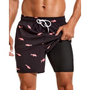 imageSILKWORLD Mens Swimming Trunks with Compression Liner 2 in 1 QuickDry Swim Shorts with Zipper PocketsBlack Pink Fish
