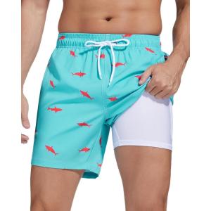 imageSILKWORLD Mens Swimming Trunks with Compression Liner 2 in 1 QuickDry Swim Shorts with Zipper PocketsBlue Pink Fish