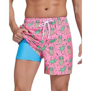 imageSILKWORLD Mens Swimming Trunks with Compression Liner 2 in 1 QuickDry Swim Shorts with Zipper PocketsPink Pineapple