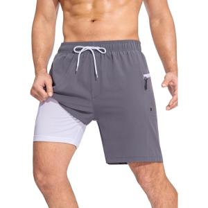 imageSILKWORLD Men Swim Trunks with Compression Liner 7quot Bathing Suits Quick Dry Swimming Shorts with Zipper PocketA01grey
