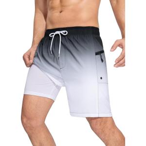 imageSILKWORLD Men Swim Trunks with Compression Liner 7quot Bathing Suits Quick Dry Swimming Shorts with Zipper PocketBlack Grey Gradient