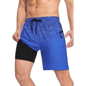 imageSILKWORLD Men Swim Trunks with Compression Liner 7quot Bathing Suits Quick Dry Swimming Shorts with Zipper PocketBlue Black Gradient