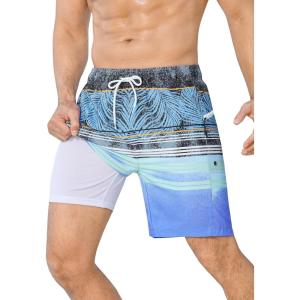 imageSILKWORLD Men Swim Trunks with Compression Liner 7quot Bathing Suits Quick Dry Swimming Shorts with Zipper PocketBlue Grey Leaves