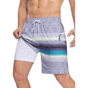 imageSILKWORLD Men Swim Trunks with Compression Liner 7quot Bathing Suits Quick Dry Swimming Shorts with Zipper PocketGrey Blue Stripes