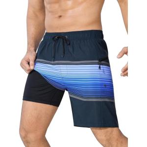 imageSILKWORLD Men Swim Trunks with Compression Liner 7quot Bathing Suits Quick Dry Swimming Shorts with Zipper PocketNavy Gradient Stripes
