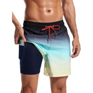 imageSILKWORLD Mens Swimwear WaterResistant Swim Trunks Summer Beach Shorts Quick Dry Bathing Suits with Zippered Pockets and Compression Lining Blue Yellow Gradient XLarge