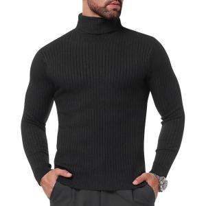 imageSILKWORLD Mens Slim Fit Turtleneck Sweater Knitted Twisted Pullover Casual Long Sleeves Basic TopBlack