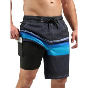 imageSILKWORLD Mens Swim Trunks 9 Inch Swimsuit with Compression Liner Quick Dry Swimming Surf Bathing Suits Stripe Black ampamp Blue Stripes Medium
