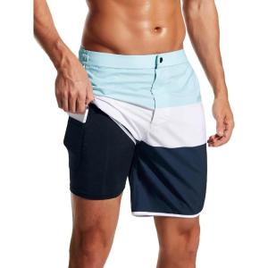 imageSILKWORLD Mens Swim Trunks Front Zipper Fly Quick Dry Beach Shorts with Compression Liner and Back Zipper Pockets1blue  White  Navy