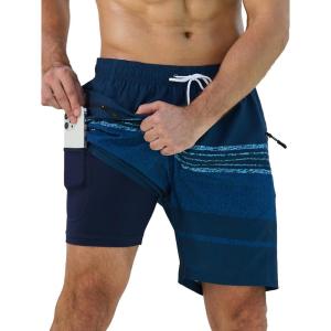 imageSILKWORLD Quick Dry Mens Swim Trunks with Compression Liner 7quot Mens Bathing Suits with Zip Pockets9ablue Stripes