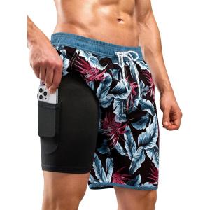 imageSILKWORLD Quick Dry Mens Swim Trunks with Compression Liner 7quot Mens Bathing Suits with Zip PocketsR8 Grey Leaves