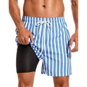 imageSILKWORLD Mens Swim Trunks with Compression Liner 2 in 1 Quick Dry Bathing Suit Beach Shorts with Zipper PocketsBluewhite Vertical Stripes