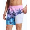 imageSILKWORLD Mens Swim Trunks with Compression Liner 55 Inseam Bathing Suit with Zipper Pockets Pink Blue Coconut Tree 2XLarge