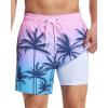 imageSILKWORLD Mens Swim Trunks with Compression Liner 55 Inseam Bathing Suit with Zipper Pockets Pink Blue Coconut Tree 2XLarge