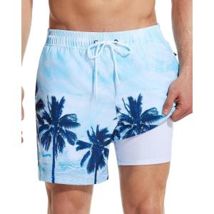 imageSILKWORLD Mens Swim Trunks with Compression Liner 55 Beach Shorts Swimsuit with Zipper Pockets Coconut Tree 3XLarge