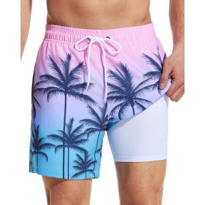 imageSILKWORLD Mens Swim Trunks with Compression Liner 55 Inseam Bathing Suit with Zipper Pockets Pink Blue Coconut Tree 2XLarge