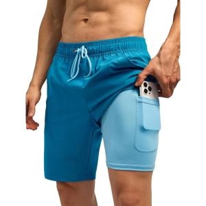 imageSILKWORLD Mens Swim Trunks Quick Dry Bathing Suit Board Swimming Shorts with Zipper Pockets and Compression LinerPeacock Blue