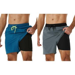 imageSILKWORLD Mens Swimming Trunks with Compression Liner Quick Dry Beach Shorts Swimsuit