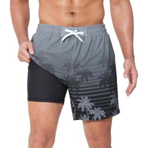imageSILKWORLD Mens Swim Trunks 2 in 1 Quick Dry Bathing Suit with Compression Liner Beach Shorts with Zipper PocketsBlack Gray Coconut Tree