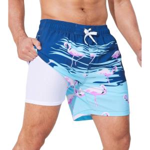 imageSILKWORLD Mens Swim Trunks 2 in 1 Quick Dry Bathing Suit with Compression Liner Beach Shorts with Zipper PocketsFirebird