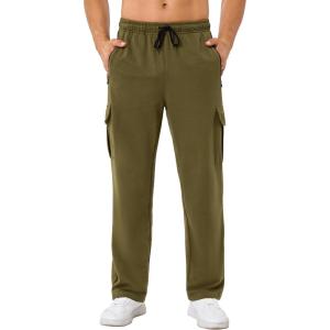 imageSILKWORLD Mens Cargo Sweatpants Casual Joggers Open Bottom Sweat Pant Baggy Cotton Athletic Pants with Zipper PocketsOlive Green