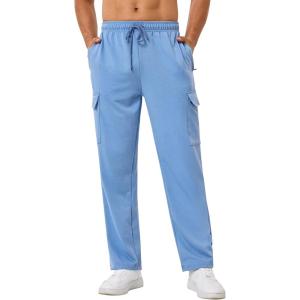 imageSILKWORLD Mens Sweatpants Cargo Pants Open Bottom Casual Athletic Gym Lounge Joggers with Zipper PocketsBlue