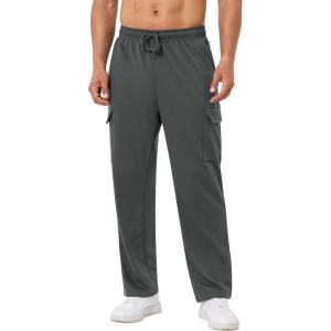 imageSILKWORLD Mens Sweatpants Cargo Pants Open Bottom Casual Athletic Gym Lounge Joggers with Zipper PocketsDark Grey