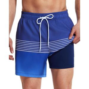 imageSILKWORLD Mens Swimming Trunks with Compression Liner 2 in 1 QuickDry Swim Shorts with Zipper PocketsBlack Blue Gradient
