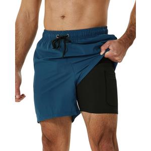 imageSILKWORLD Mens Swimming Trunks with Compression Liner 2 in 1 QuickDry Swim Shorts with Zipper PocketsGobain Blue