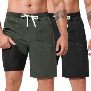 imageSILKWORLD Mens 2 Pack Athletic Running Workout Shorts 9quot Quick Dry Sports Gym Shorts with Zipper Pockets2pcsBlackarmy Green