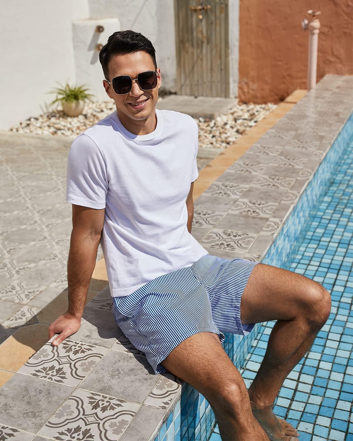 imageSILKWORLD Mens Swimming Trunks 5 Inch Inseam Swim Shorts Summer Bathing Suit Swimwear Beachwear with PocketsBlue Striped