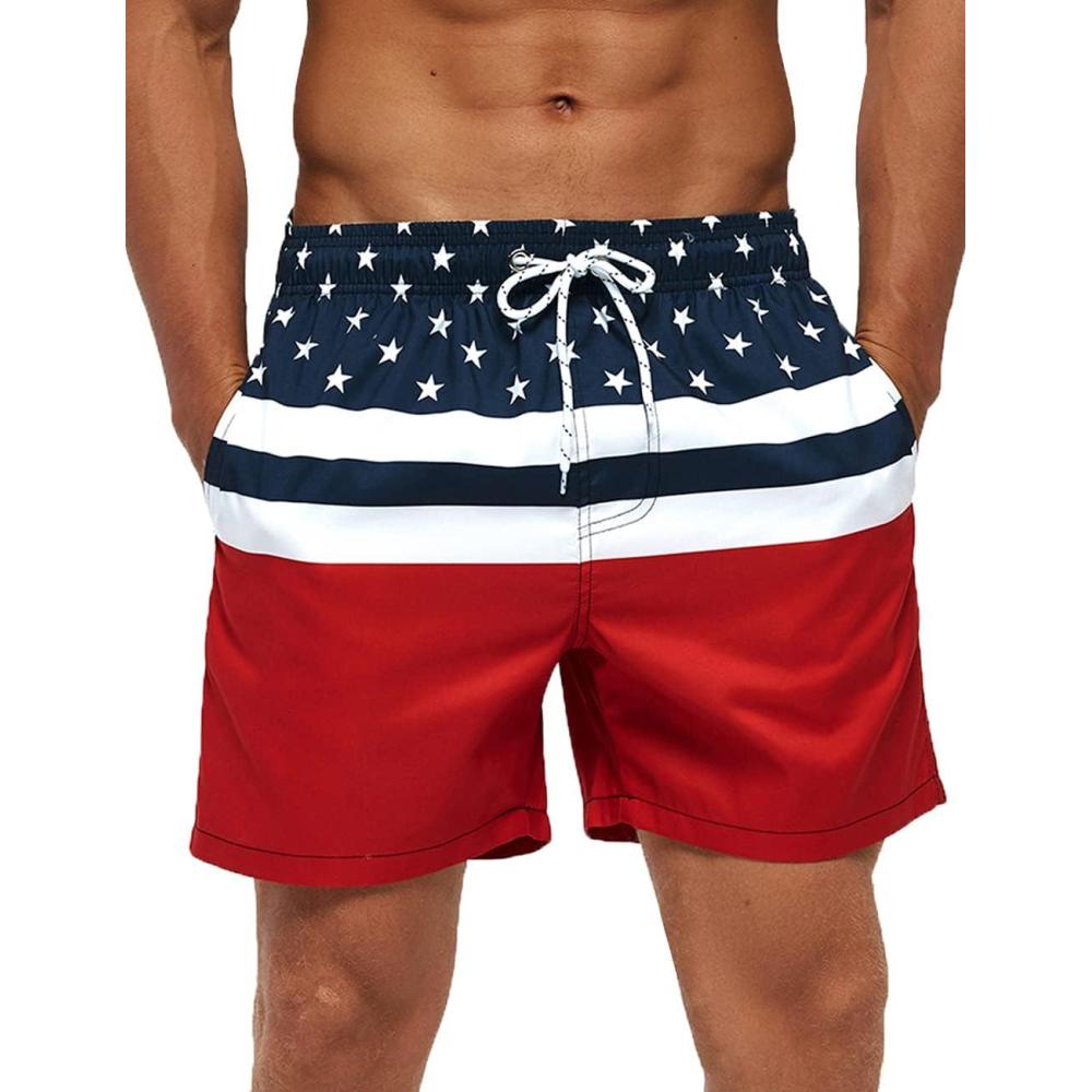imageSILKWORLD Mens Swimming Trunks 5 Inch Inseam Swim Shorts Summer Bathing Suit Swimwear Beachwear with PocketsRed American Flag