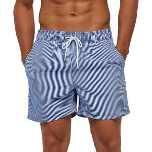 imageSILKWORLD Mens Swimming Trunks 5 Inch Inseam Swim Shorts Summer Bathing Suit Swimwear Beachwear with PocketsBlue Striped
