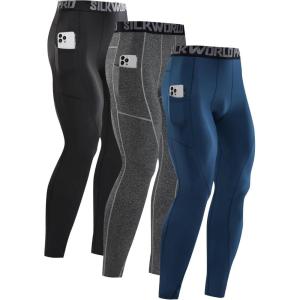 imageSILKWORLD Mens 13 Pack Compression Pants Pockets Cool Dry Gym Leggings Baselayer Running TightsC2fleece Lined3packblack hemp Grey navy Blue