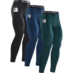 imageSILKWORLD Mens 13 Pack Compression Pants Pockets Cool Dry Gym Leggings Baselayer Running TightsC4fleece Lined3packblack navy Blue cyan