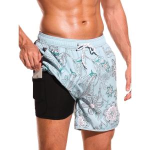 imageSILKWORLD Quick Dry Mens Swim Trunks with Compression Liner 7quot Mens Bathing Suits with Zip PocketsA7floralight Blue