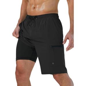 imageMens Swim Trunks with Compression Liner Zipper Cargo Pockets Bathing Suit 9 Inch QuickDry Swimming ShortsA0 Black