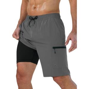 imageMens Swim Trunks with Compression Liner Zipper Cargo Pockets Bathing Suit 9 Inch QuickDry Swimming ShortsA0 Grey