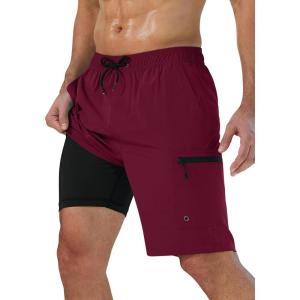 imageMens Swim Trunks with Compression Liner Zipper Cargo Pockets Bathing Suit 9 Inch QuickDry Swimming ShortsA0 Wine Red