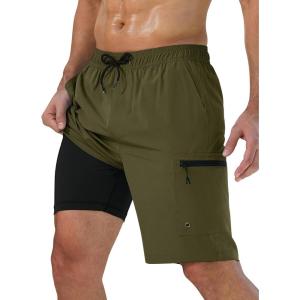 imageMens Swim Trunks with Compression Liner Zipper Cargo Pockets Bathing Suit 9 Inch QuickDry Swimming ShortsArmy Green