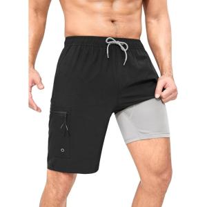 imageMens Swim Trunks with Compression Liner Zipper Cargo Pockets Bathing Suit 9 Inch QuickDry Swimming ShortsBlackgrey Inner