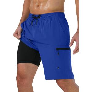 imageMens Swim Trunks with Compression Liner Zipper Cargo Pockets Bathing Suit 9 Inch QuickDry Swimming ShortsBlue