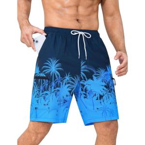 imageMens Swim Trunks with Compression Liner Zipper Cargo Pockets Bathing Suit 9 Inch QuickDry Swimming ShortsBlue Leaves