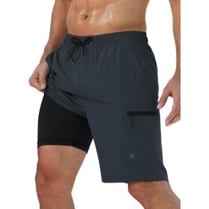imageMens Swim Trunks with Compression Liner Zipper Cargo Pockets Bathing Suit 9 Inch QuickDry Swimming ShortsDark Grey
