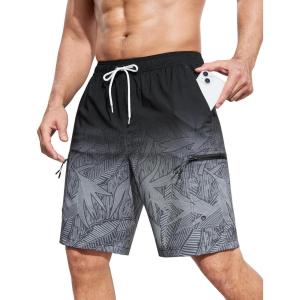 imageMens Swim Trunks with Compression Liner Zipper Cargo Pockets Bathing Suit 9 Inch QuickDry Swimming ShortsGradient Black Grey Leaf